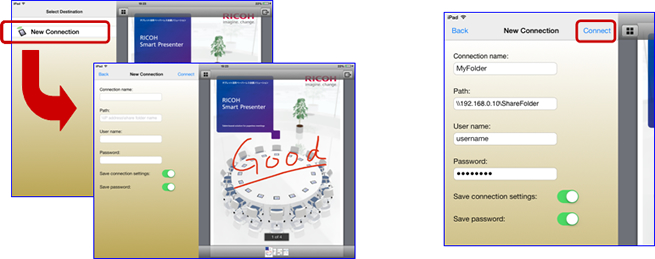 img:Select New Connection and enter the connection settings to access the shared folder. After all information has been entered, press the Connect button.