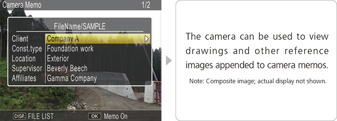 The camera can be used to view drawings and other reference images appended to camera memos.