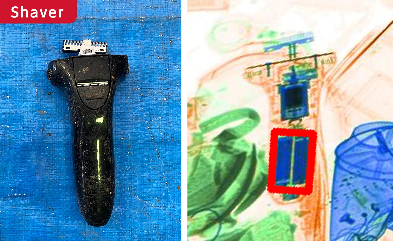Detection of a lithium-ion battery inside a shaver using dual-energy X-ray imaging and AI engine-based image detection (left: actual shaver, right: X-ray image highlighting the battery location)