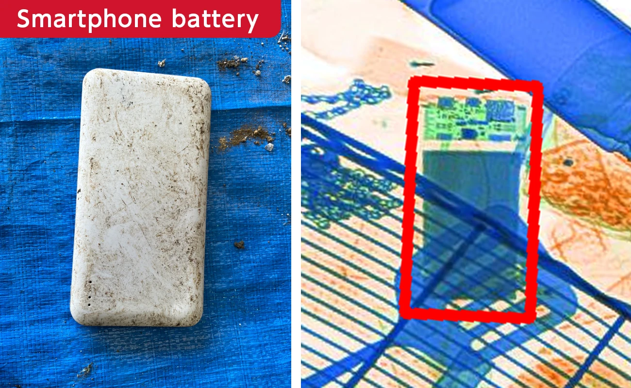 Detection of a lithium-ion battery inside a smartphone battery using dual-energy X-ray imaging and AI engine-based image detection (left: actual smartphone battery, right: X-ray image highlighting the battery location)