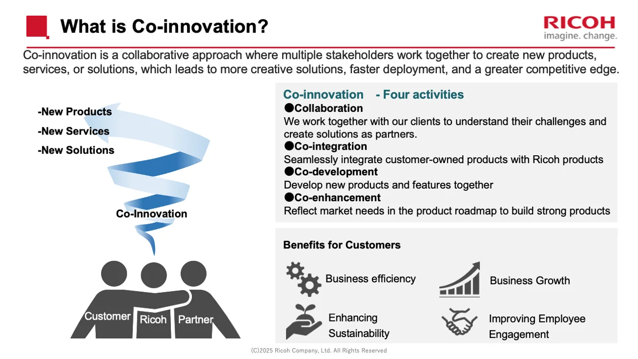 Conceptual diagram of Ricoh’s “Co-innovation” initiative, which illustrates how Ricoh collaborates with customers and partner companies to create new products, services, and solutions. The diagram shows the interconnected structure between Ricoh, customers, and partners. On the right, four key activities are highlighted: “Collaboration,” “Co-integration,” “Co-development,” and “Co-enhancement.” Also shown are the customer benefits—“improved operational efficiency,” “business growth,” “enhanced sustainability,” and “greater employee engagement.” 