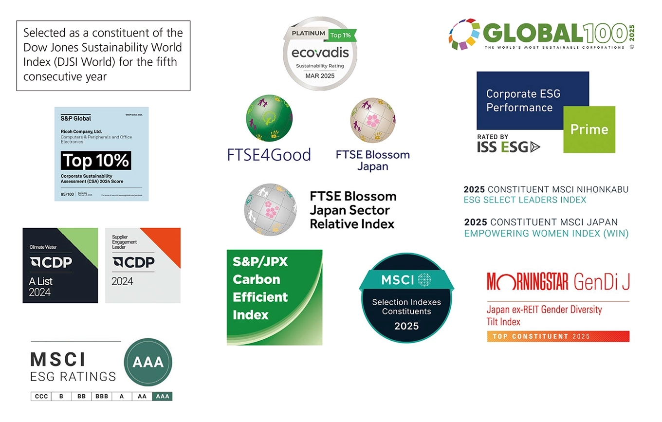 Recognized in multiple ESG indices and assessments, including the Dow Jones Sustainability World Index (DJSI World) for five consecutive years, EcoVadis Top 1% Sustainability Rating, Global 100 Most Sustainable Corporations, Sustainability Yearbook Top 10%, FTSE4Good Index Series, FTSE Blossom Japan Index, FTSE Blossom Japan Sector Relative Index, ISS ESG Corporate Rating, MSCI Nihonkabu ESG Select Leaders Index, MSCI Japan Empowering Women Index (WIN), CDP Climate and Water A List, CDP Supplier Engagement Leader, S&P/JPX Carbon Efficient Index, MSCI ESG Leaders Indexes, Morningstar Japan ex-REIT Gender Diversity Tilt Index, and MSCI ESG Ratings AAA.