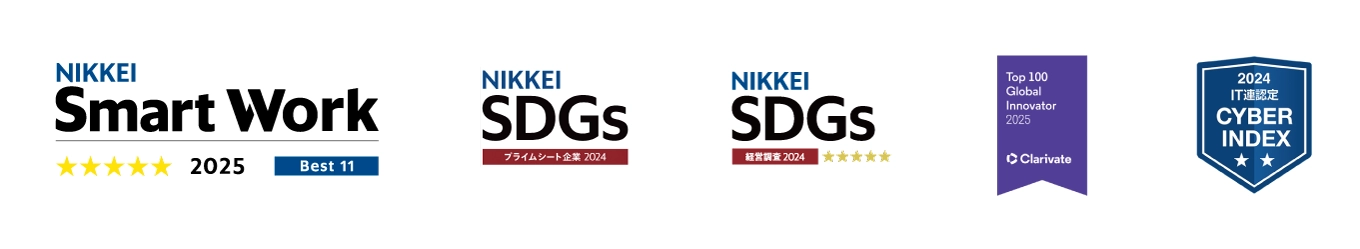 Awards and recognitions include a five-star rating in Nikkei’s Smart Work Management Survey, a five-star rating and Prime Sheet designation in the Nikkei SDGs Survey, inclusion in the Clarivate Top 100 Global Innovators 2025, and a two-star (highest) rating in the Cyber Index Corporate Survey 2024 by the Japan Federation of IT Organizations.