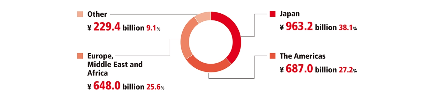 Sales by Geographic Area pie chart: Japan ¥963.2 billion (38.1%), Americas ¥687.0 billion (27.2%), Europe, Middle East and Africa ¥648.0 billion (25.6%), Other ¥229.4 billion (9.1%).