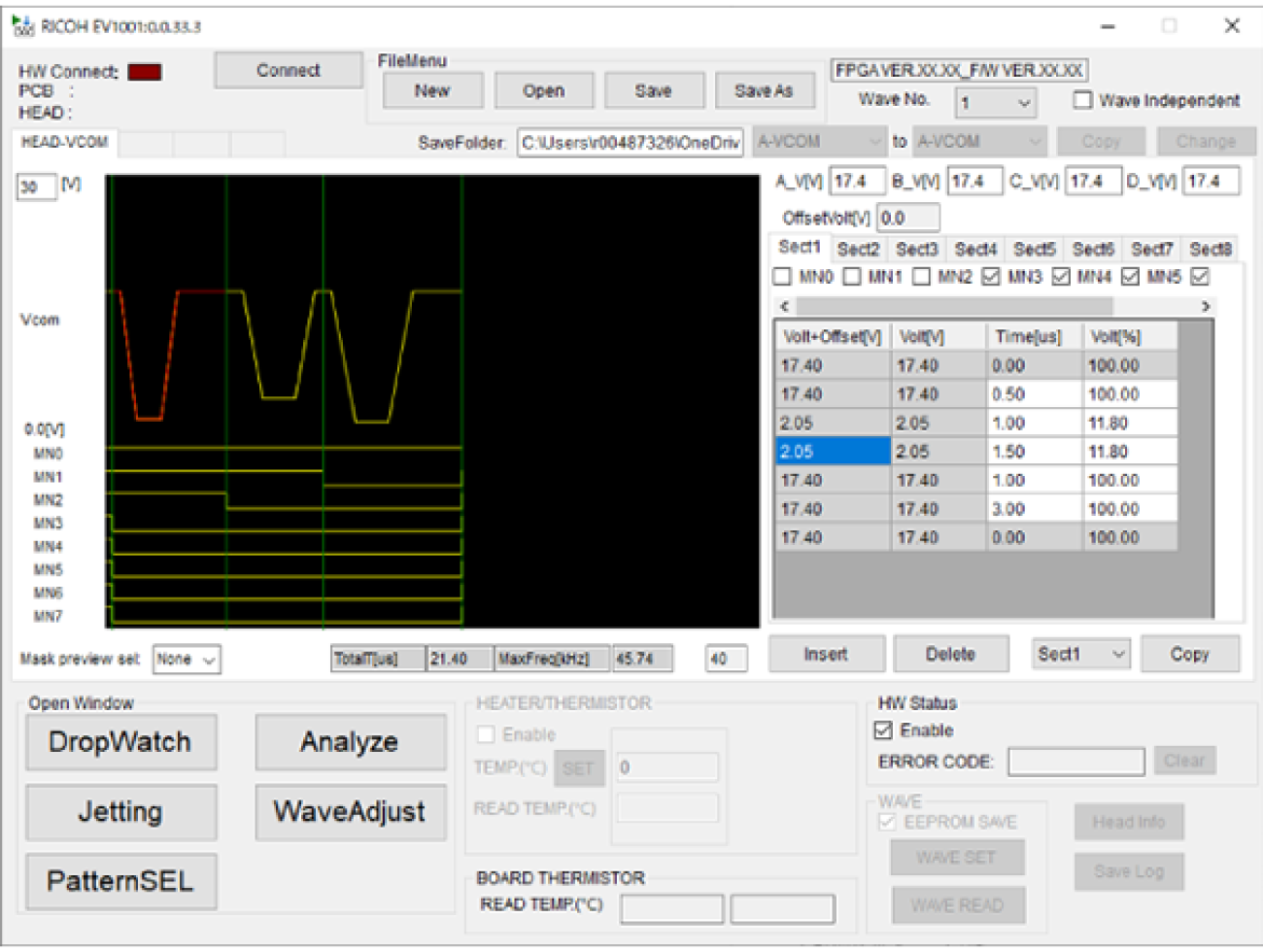 Screenshot of the Drive Waveform Settings screen.