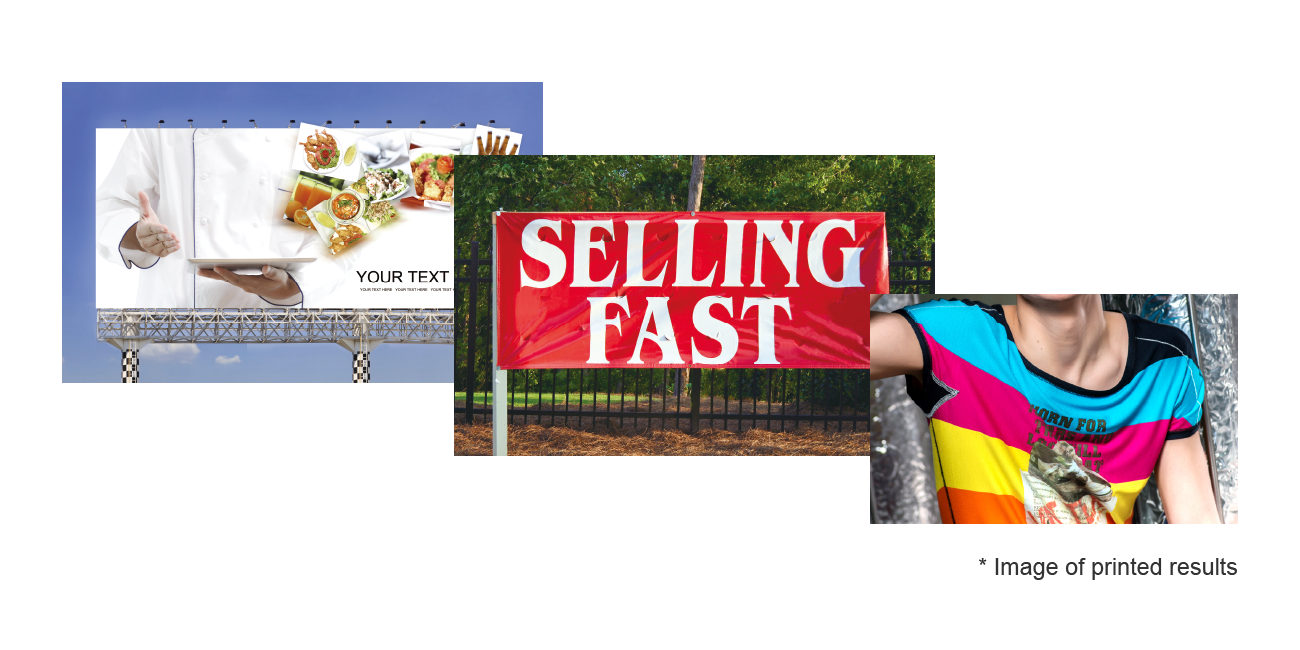 A collection of printed samples including Sign Graphics, Banner, and DTG Printing.