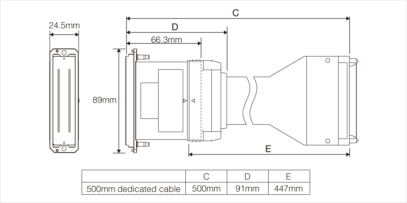 Width：89mm Depth：24.5mm Height：66.3mm Overall Length(incl.Dedicated Cable): 500mm D: 91mm E: 447mm