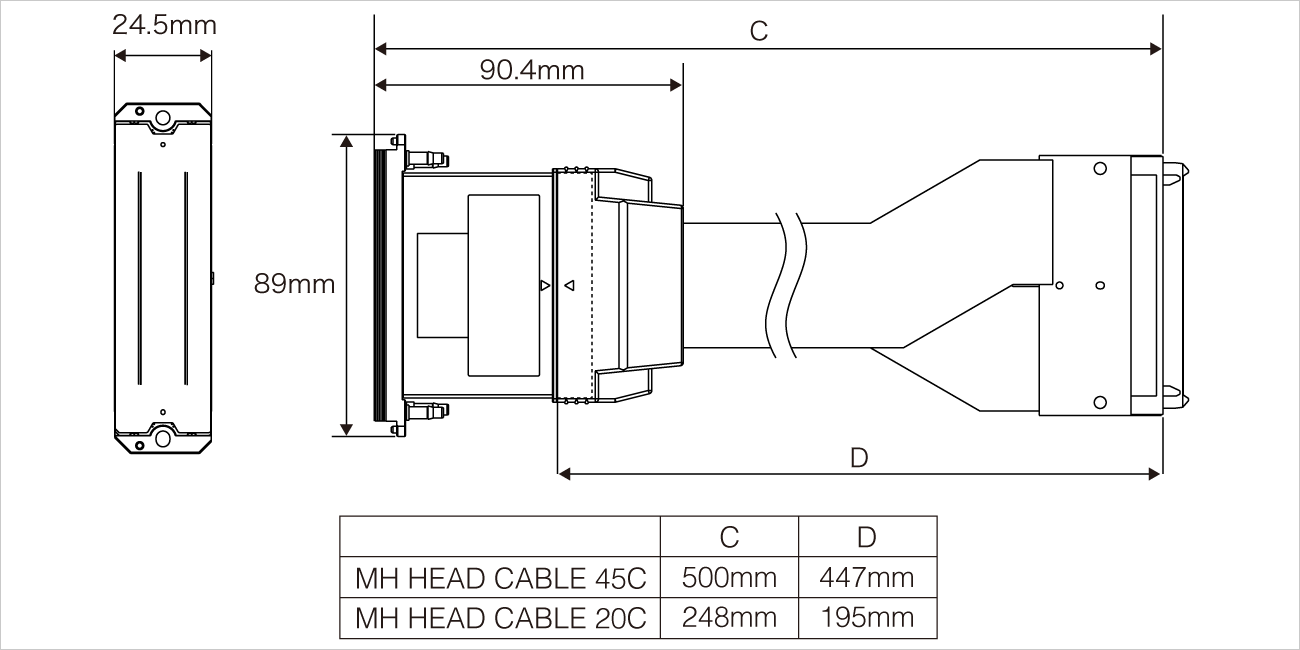 Width：89mm Depth：24.5mm Height：66.3mm Overall Length(incl. RICOH MH Head Cable 45C): 500mm D: 447mm. Overall Length(incl. RICOH MH Head Cable 20C): 248mm D: 195mm
