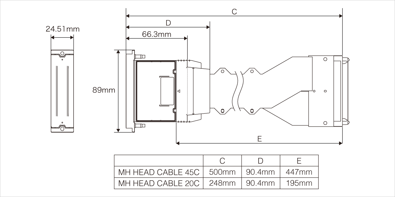 Width：89mm Depth：24.51mm Height：66.3mm Overall Length(incl. RICOH MH Head Cable 45C): 500mm D: 90.4mm E: 447mm. Overall Length(incl. RICOH MH Head Cable 20C): 248mm D: 90.4mm E: 195mm