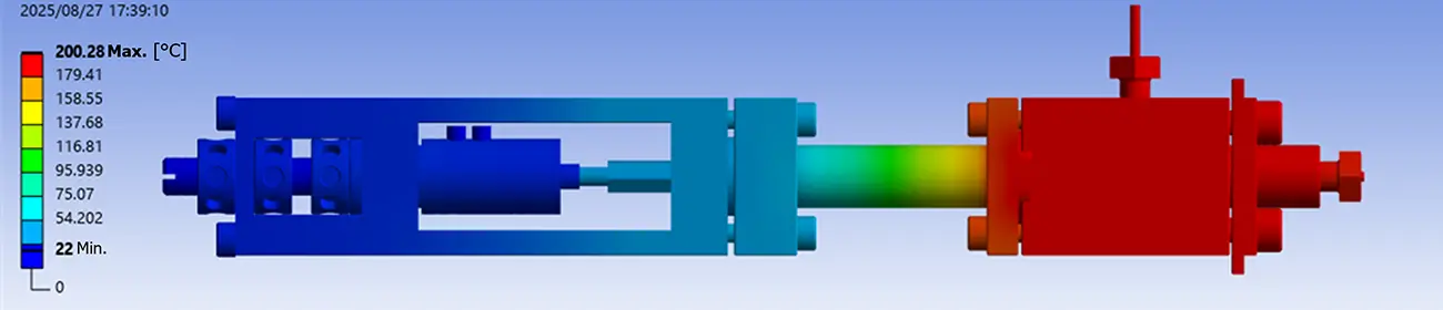 The discharge section exceeds 200°C, but the drive section, including the piezo actuator, is kept at a low temperature of less than 25°C by a ceramic spacer.